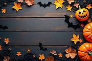 Rustic halloween decoration with pumpkins bats and autumn leaves. Holiday event halloween banner background concept