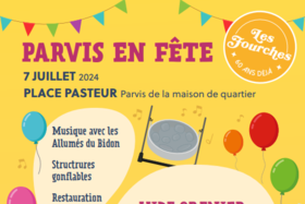 Affiche pour Parvis en fête, le 7 juillet place Pasteur de 8h30 à 18h, animation Vide Grenier.