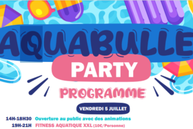 Affiche avec le titre "Aquabulle Party Programme" sur un fond bleu piscine